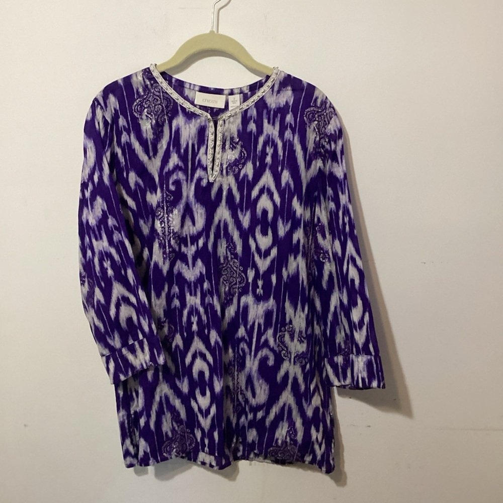 Chico’s Size 2 (L/12) Purple Ikat Tunic Top 100% Cotton Embellished Beaded